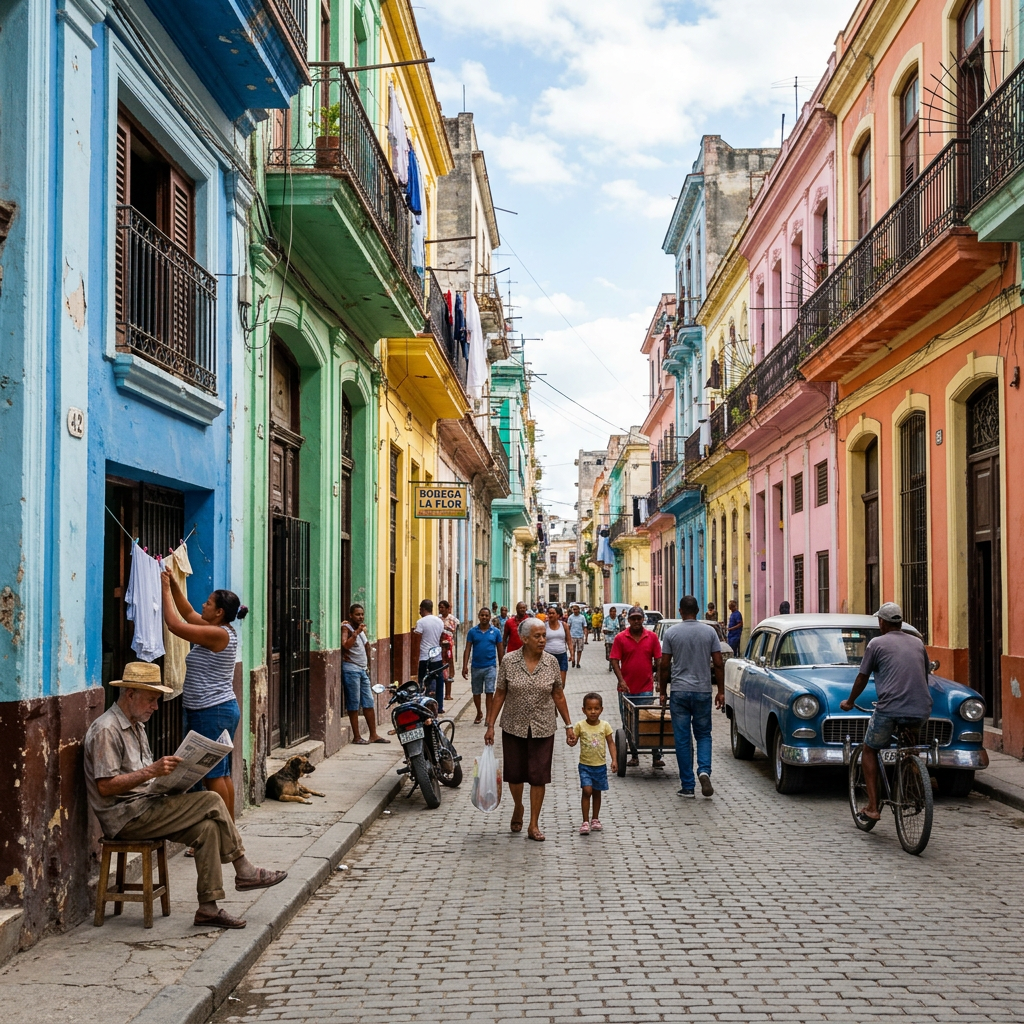 People walking along a colorful colonial street beside a vintage car